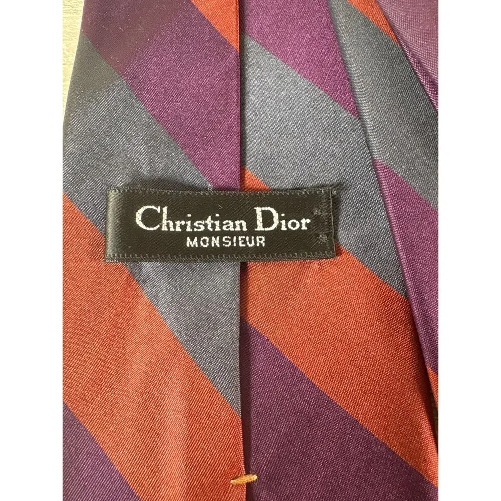 Vintage Christian Dior Monsieur Silk Tie- Burgundy, Plum Gray‎ Diagonal Stripped